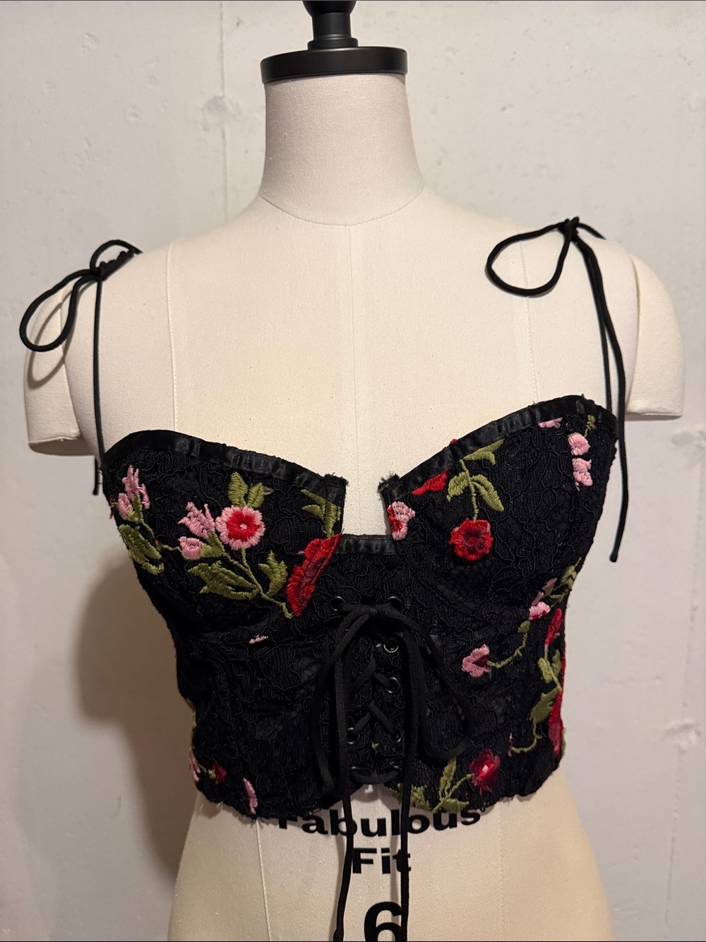Olivaceous Black Floral Lace Corset Crop Top with Tie Straps